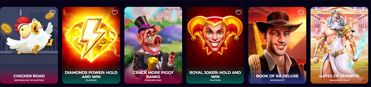 Slot game carousel showing six thumbnails: Chicken Road, Diamonds Power: Hold and Win, Crack More Piggy Banks, Royal Joker: Hold and Win, Book of Ra Deluxe, and Gates of Olympus, each with a small heart icon in the corner.