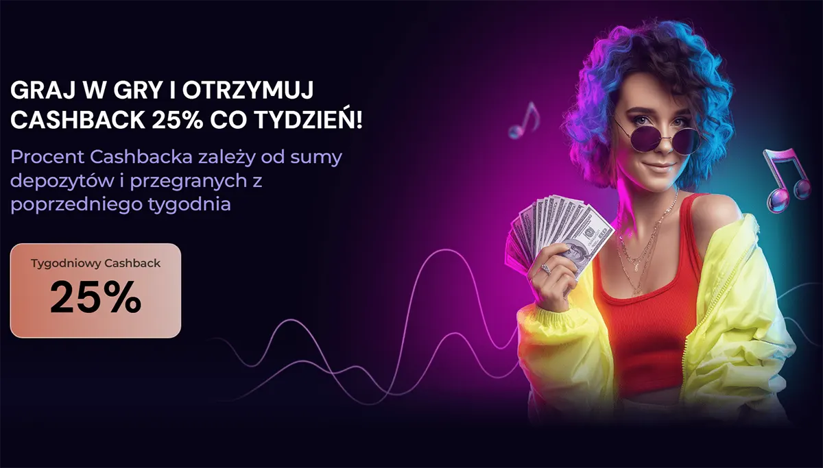Polish casino promo banner advertising 25% weekly cashback, with text “Graj w gry i otrzymuj cashback 25% co tydzień,” a “Tygodniowy Cashback 25%” badge, and a neon-styled woman in sunglasses holding cash with music note graphics.