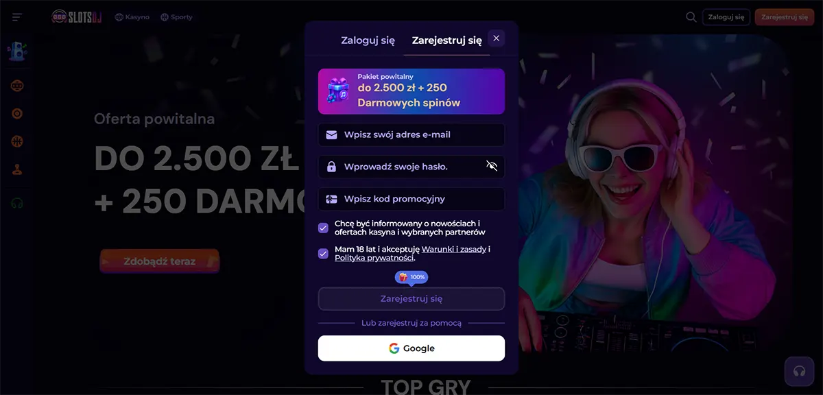 Slots.UA casino page with a Polish sign-up pop-up offering a welcome package “do 2.500 zł + 250 darmowych spinów,” showing email, password and promo code fields, consent checkboxes, a “Zarejestruj się” button, and Google registration, over a background image of a DJ wearing headphones.
